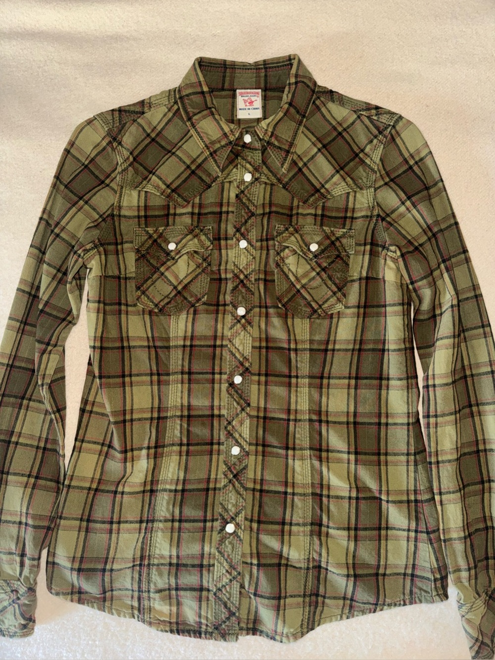 True Religion Olive Plaid Western Button-Down Shirt